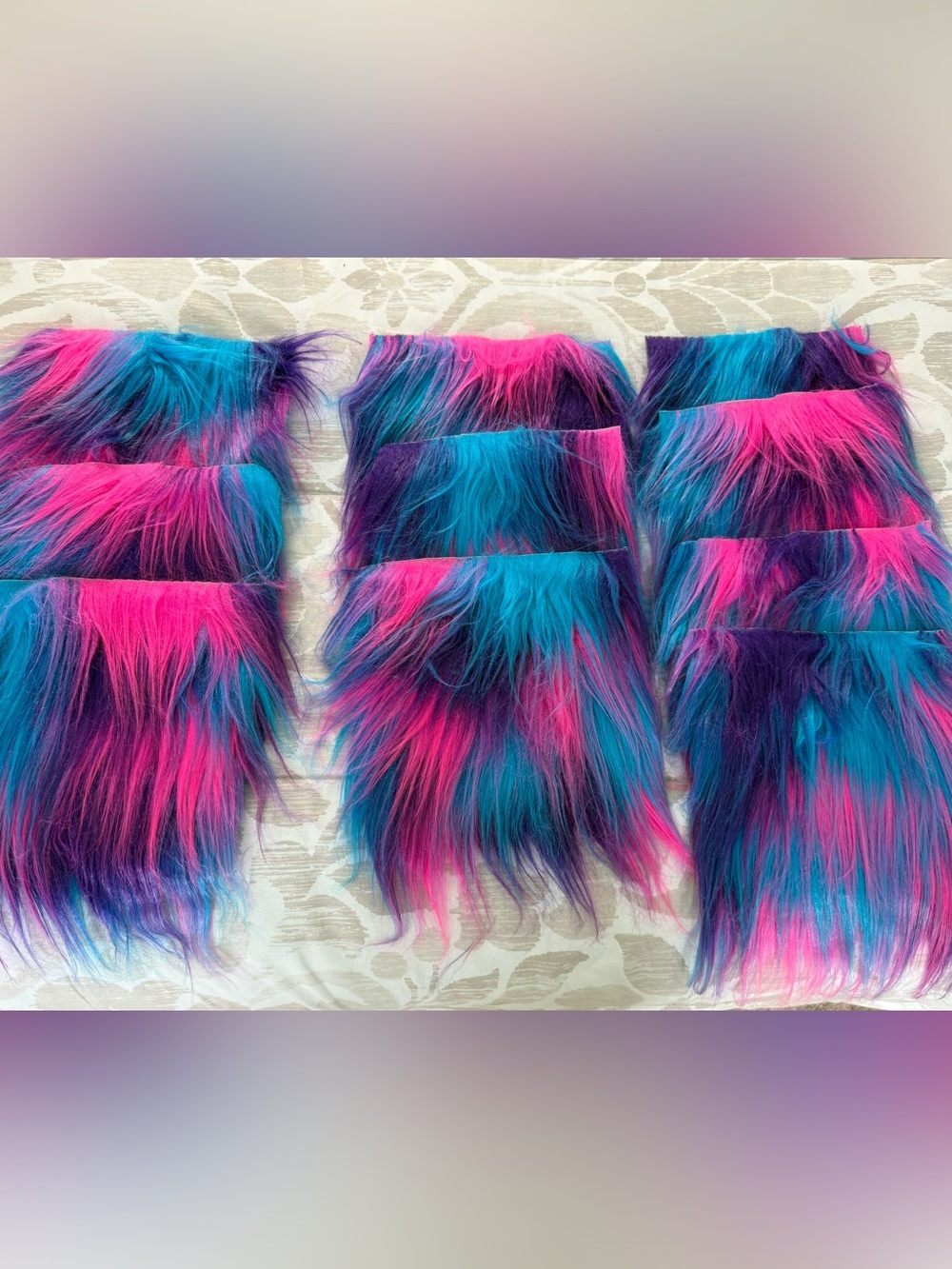 Ten DIY Faux Fur Squares for Pom Poms  
Vibrant hot pink, teal, purple